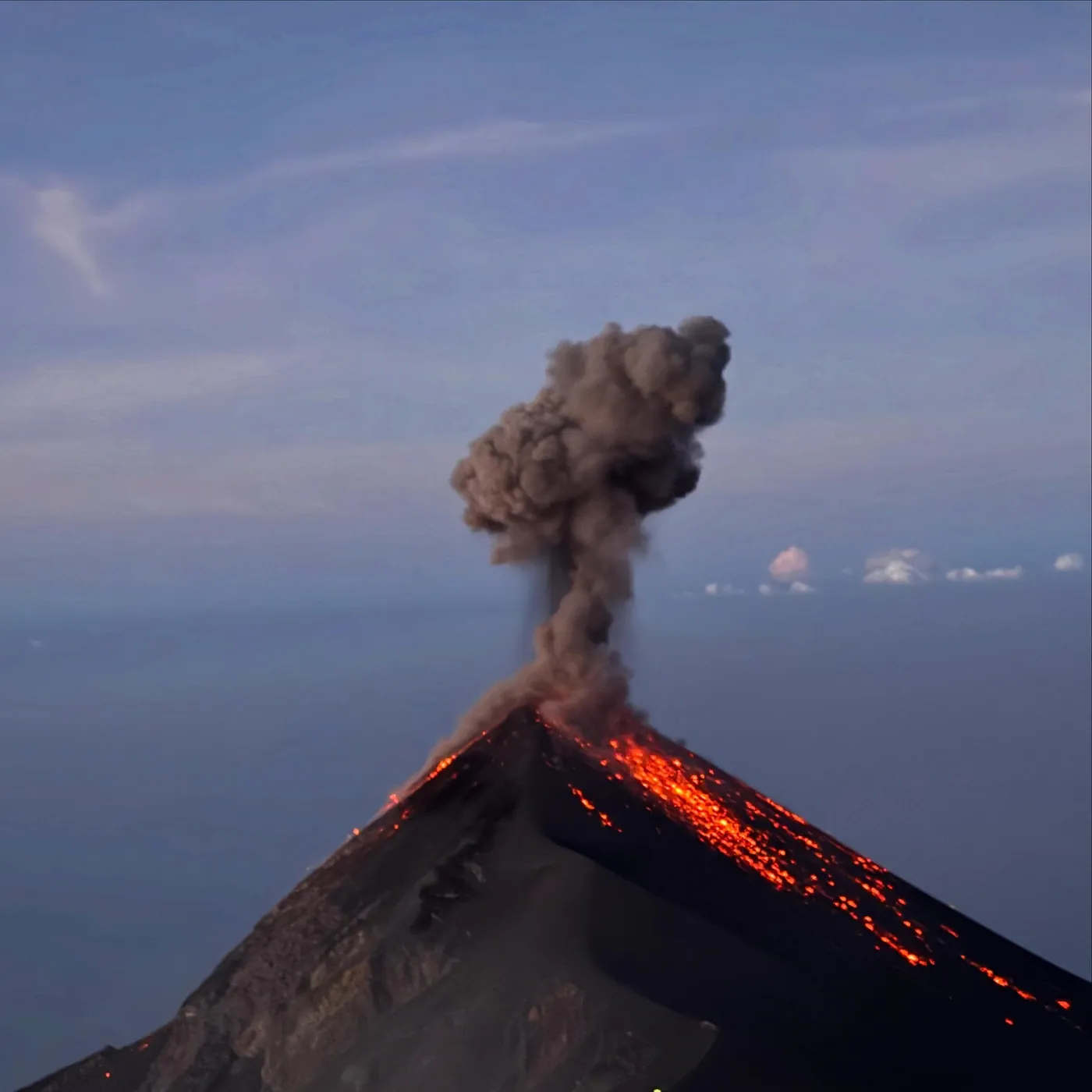 Fuego erupting at dusk