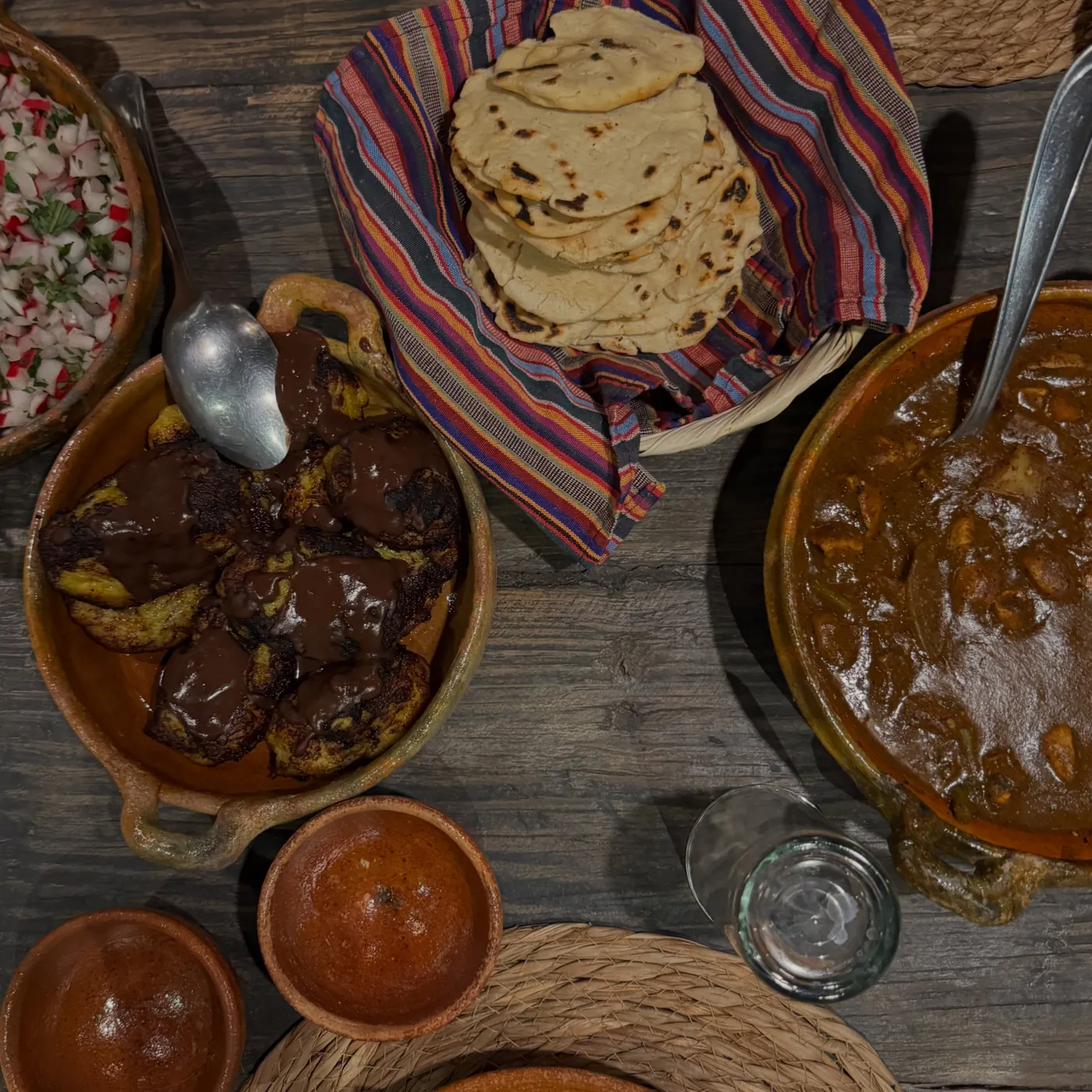 A table of Guatemalan dishes and tortillas, Antigua