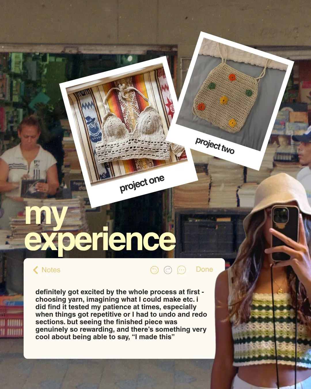 Her crochet projects pinned as polaroids