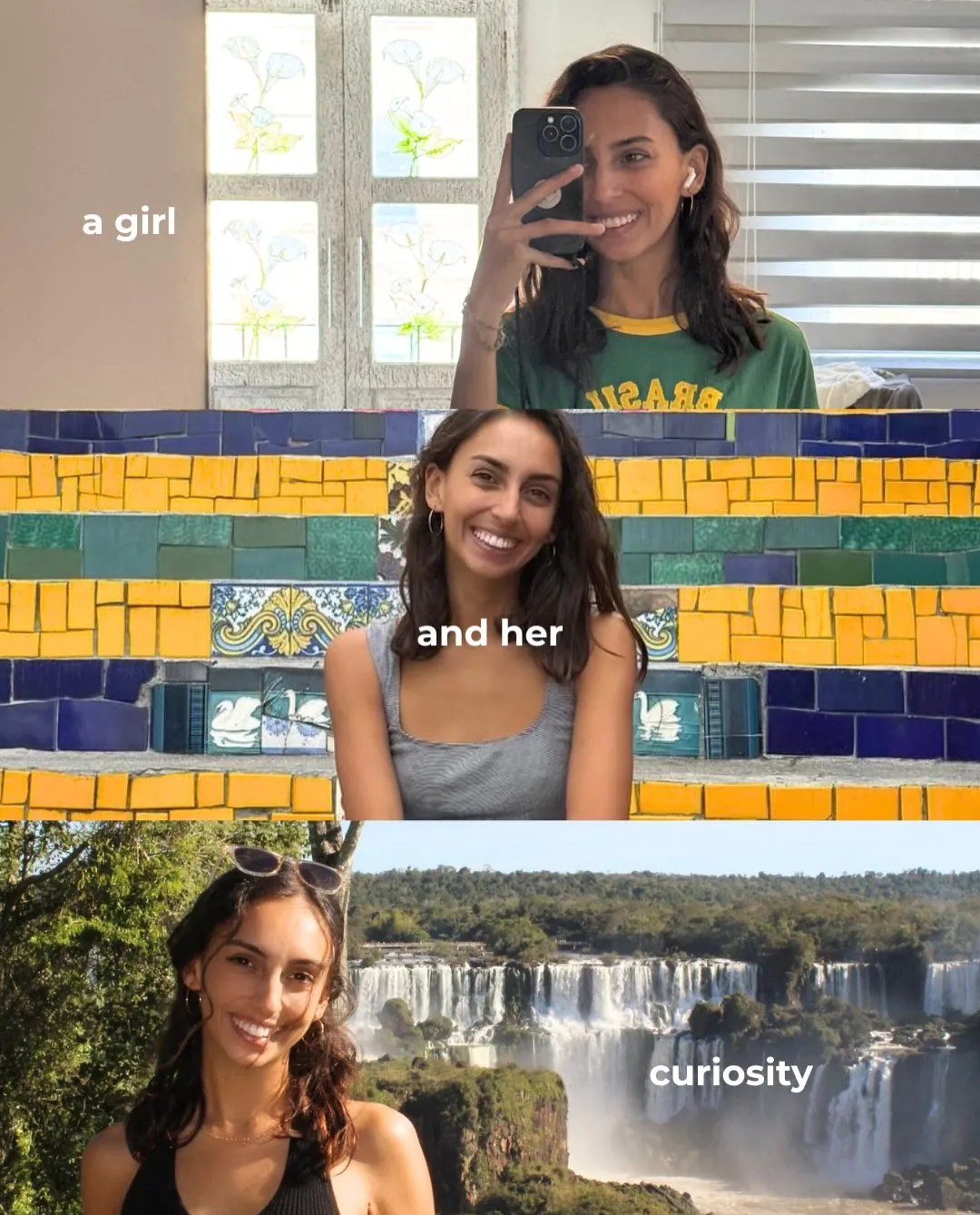 A collage of Natasha’s travel photos with the words stay curious