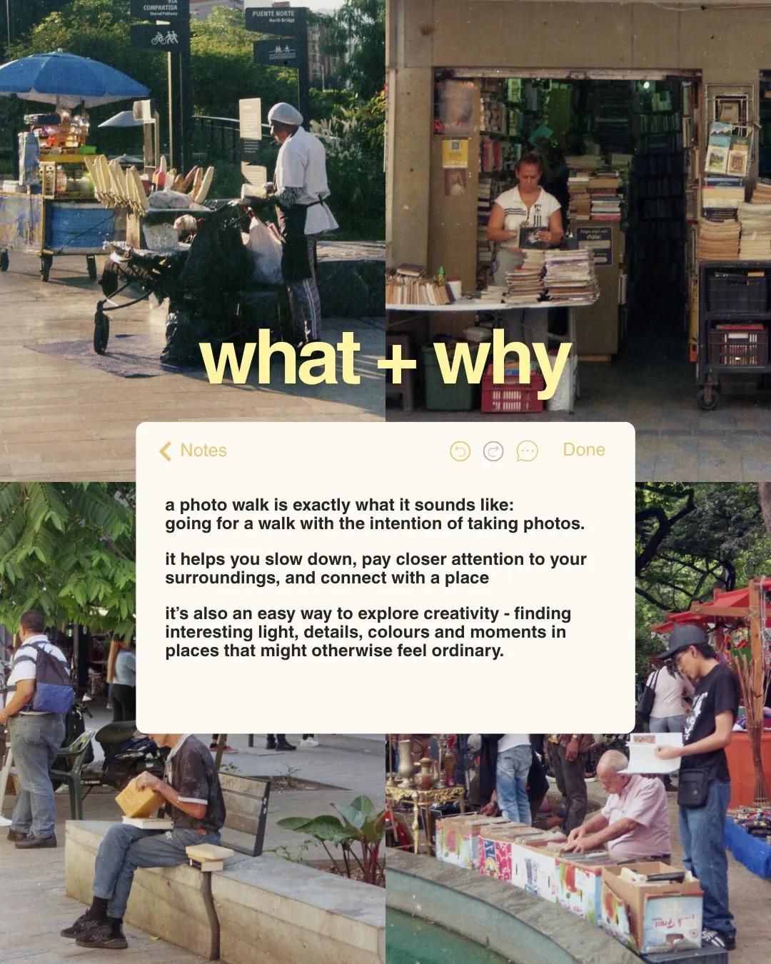 Book stalls and people in a square, what + why